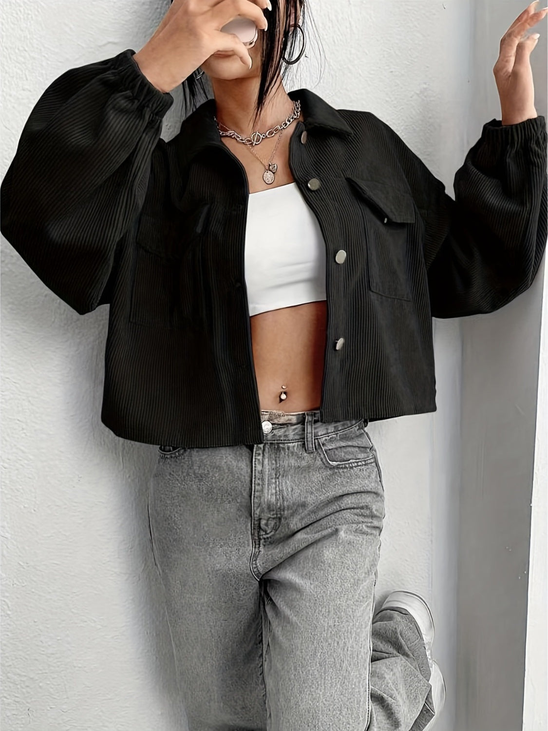 Collared Neck Dropped Shoulder Jacket-Angel Casuals