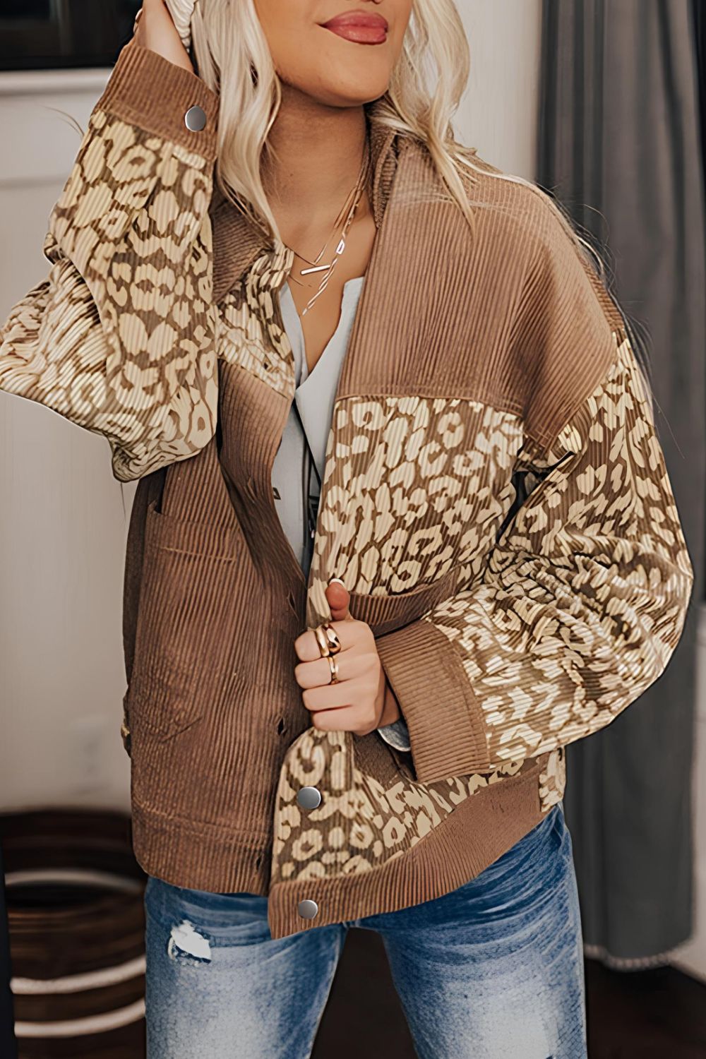 Leopard Button Up Drop Shoulder Jacket-Angel Casuals