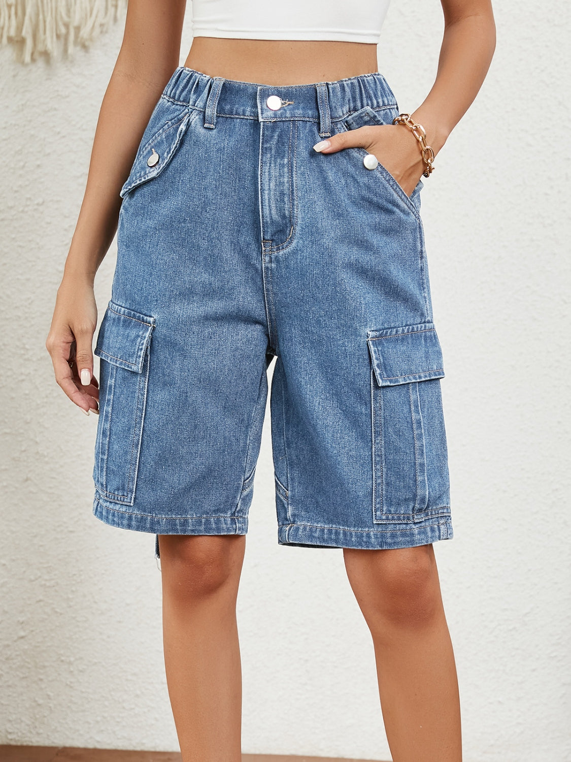 Buttoned Elastic Waist Denim Shorts with Pockets-Angel Casuals