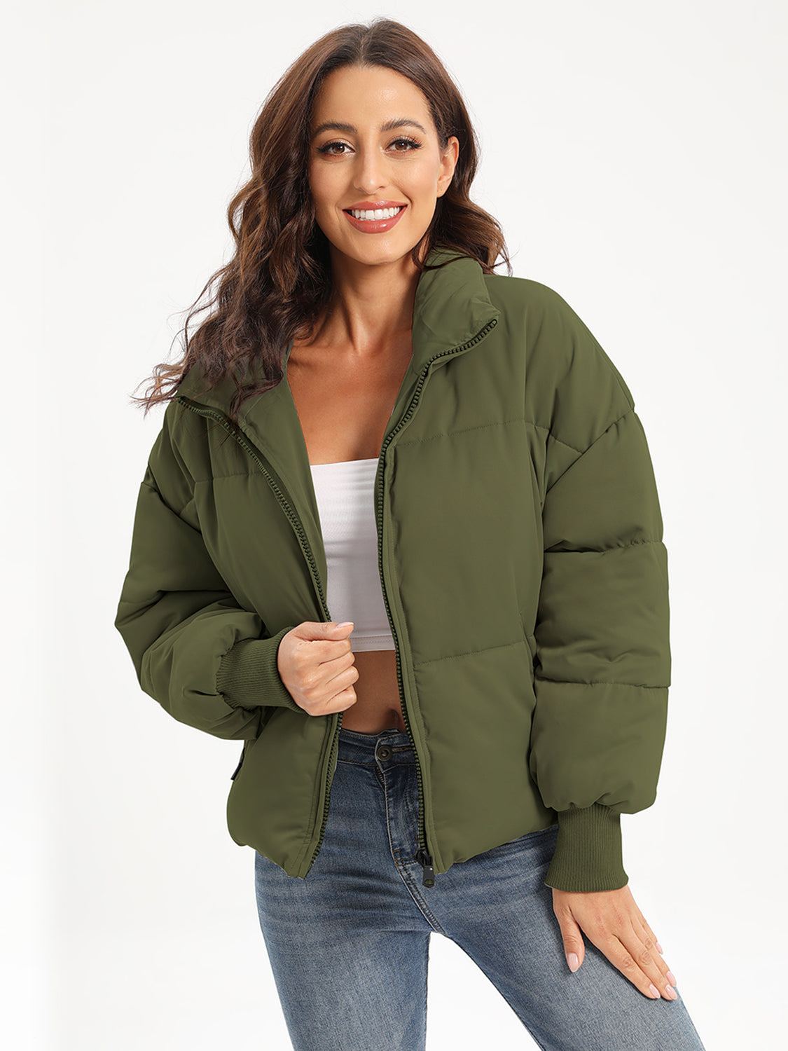 Zip Up Turtleneck Long Sleeve Winter Coat-Angel Casuals