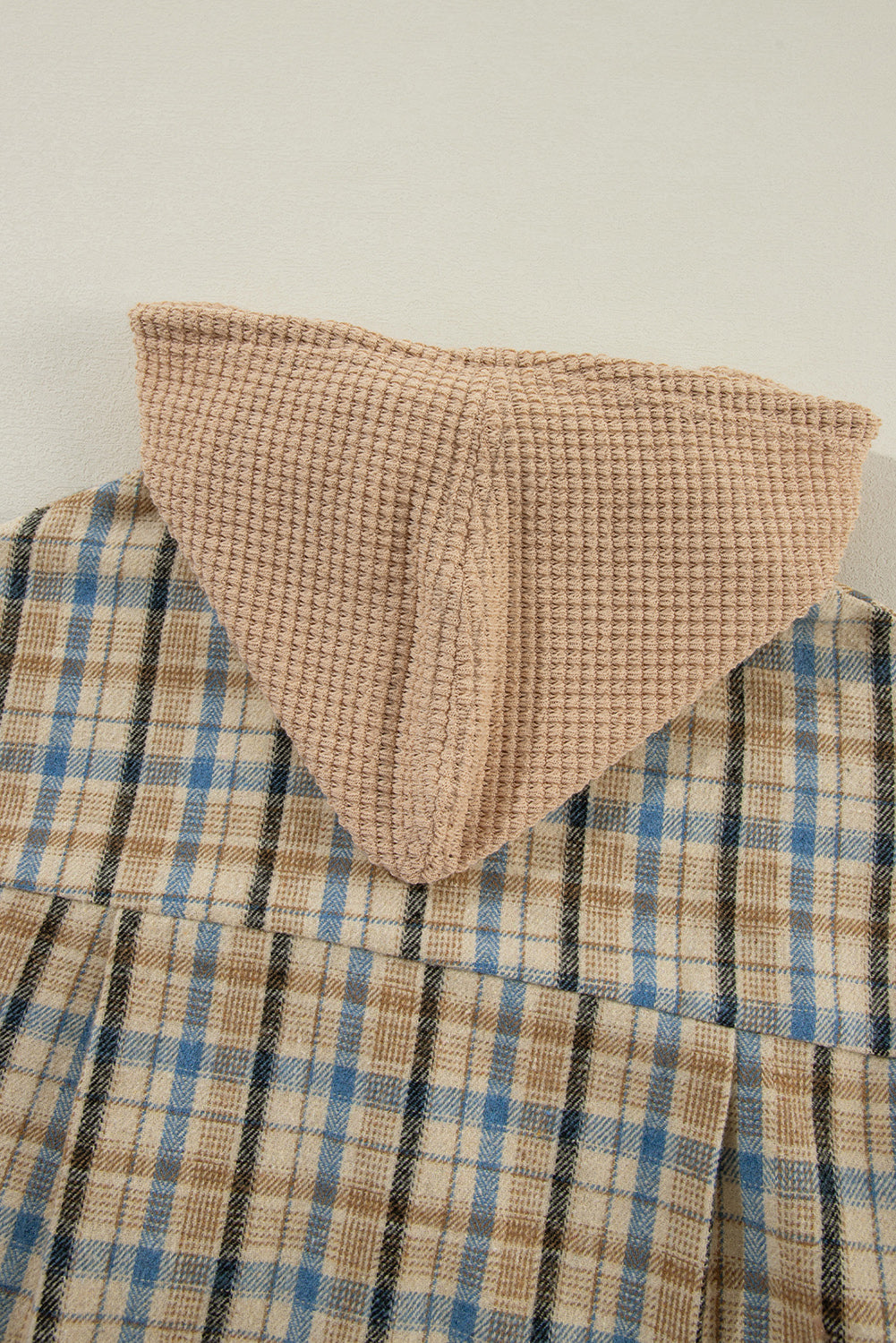 Drawstring Waffle Knit Patchwork Hooded Plaid Shacket-Angel Casuals