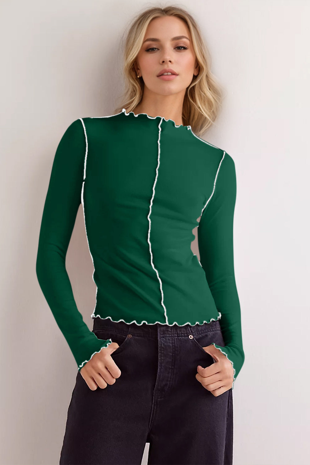 Basic Bae Contrast Trim Mock Neck Long Sleeve T-Shirt-Angel Casuals