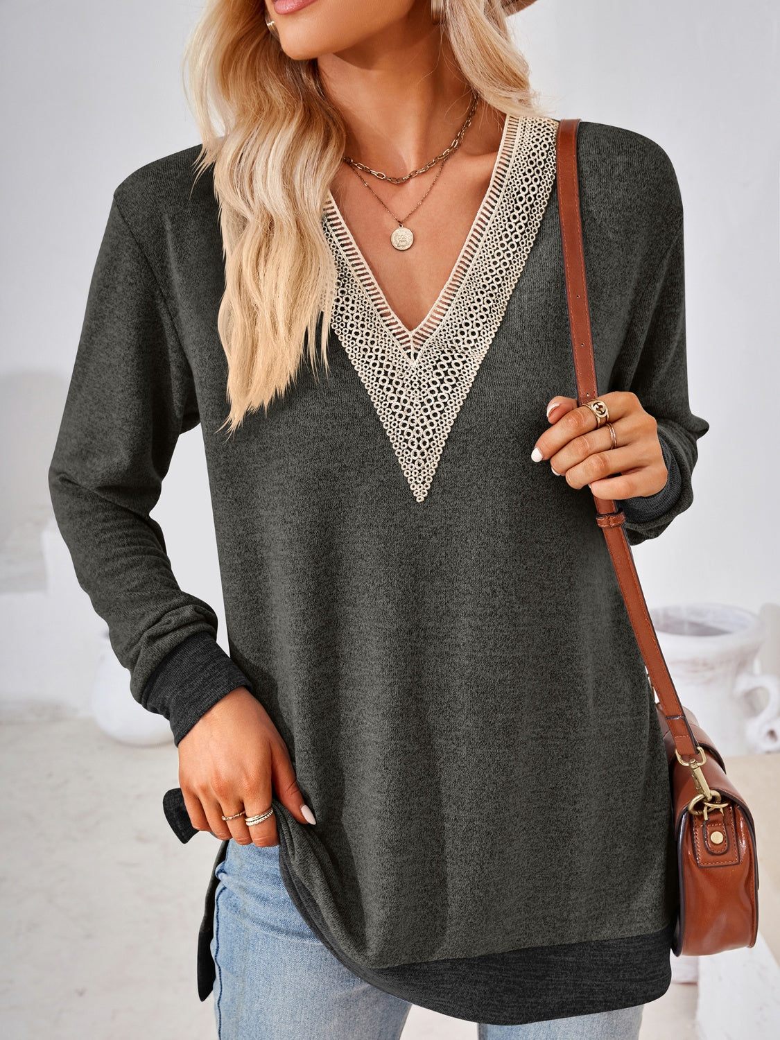 Crochet Contrast V-Neck Long Sleeve Slit T-Shirt-Angel Casuals