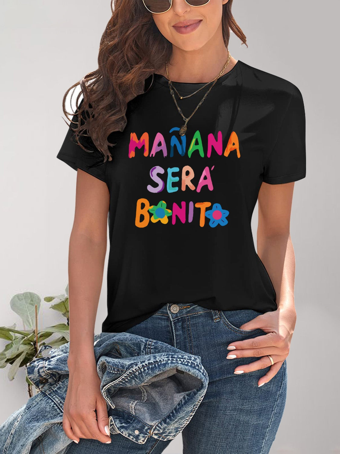 Letter Graphic Round Neck Short Sleeve T-Shirt-Angel Casuals