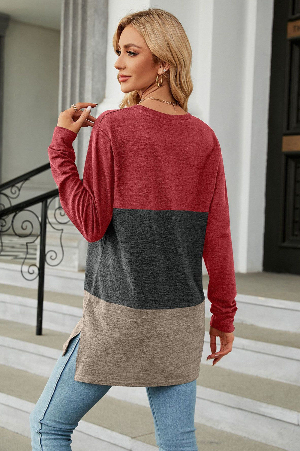 Color Block Round Neck Long Sleeve Slit T-Shirt-Angel Casuals