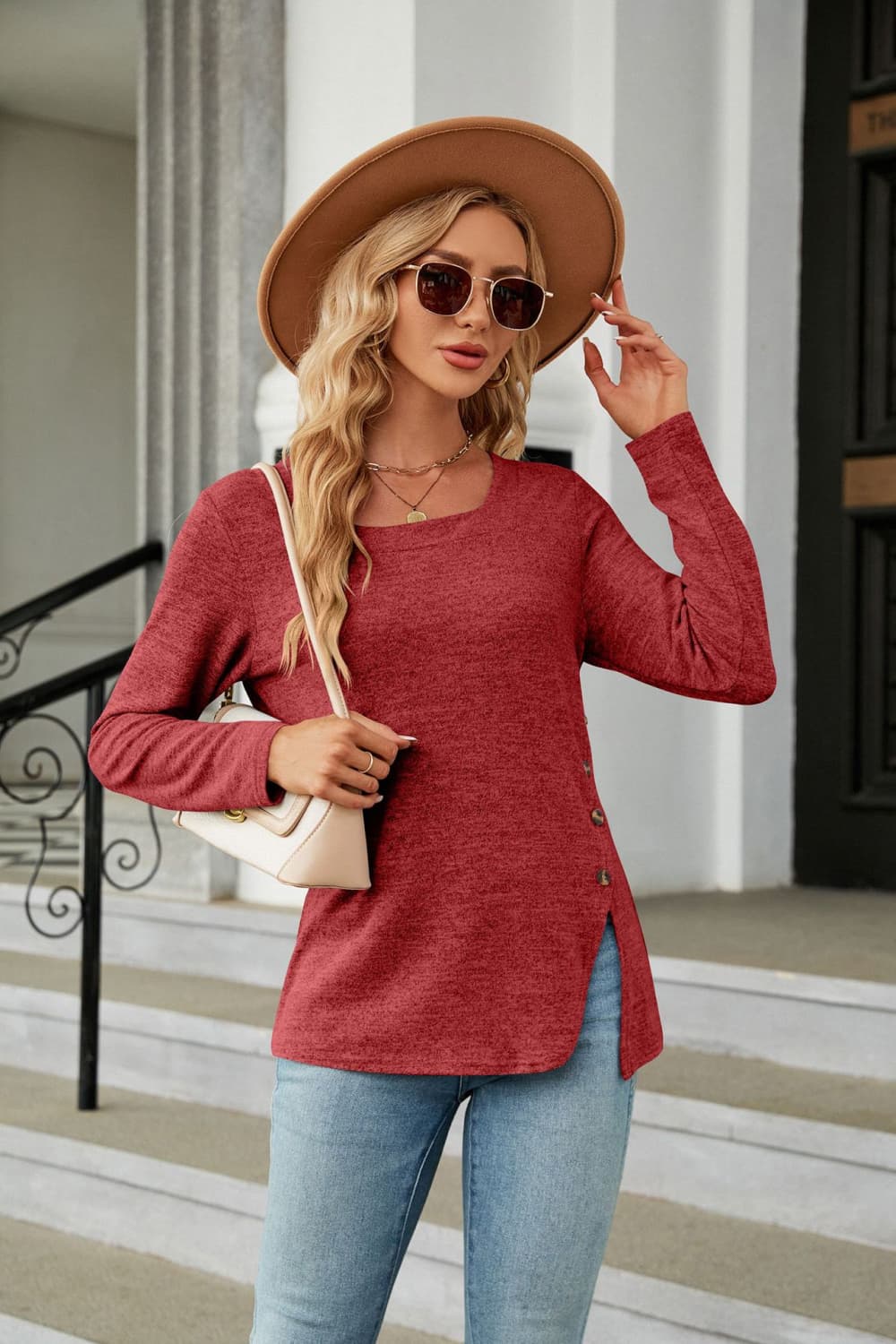 Square Neck Long Sleeve Slit T-Shirt-Angel Casuals