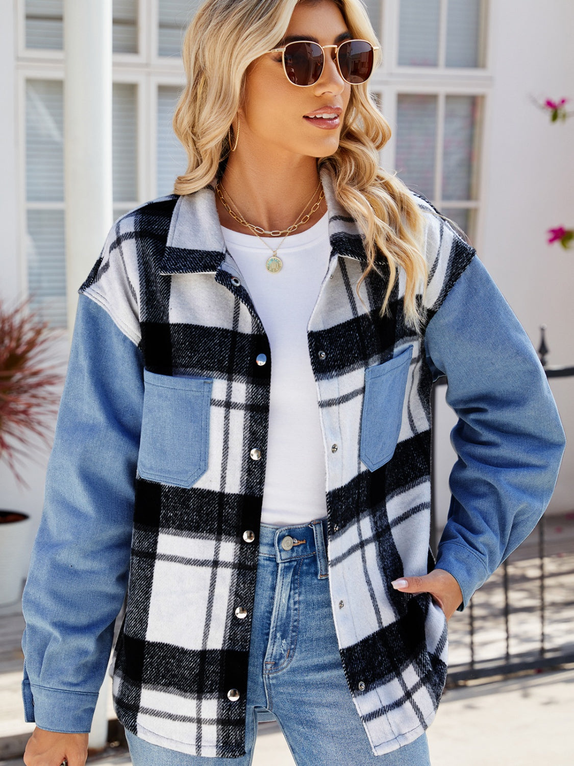Pocketed Plaid Snap Down Denim Jacket-Angel Casuals