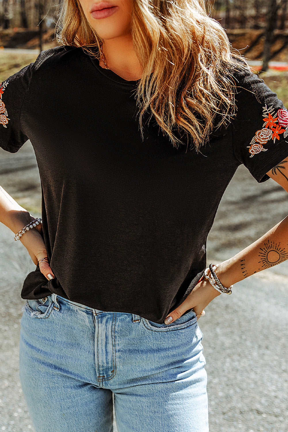 Embroidered Round Neck Tee Shirt-Angel Casuals