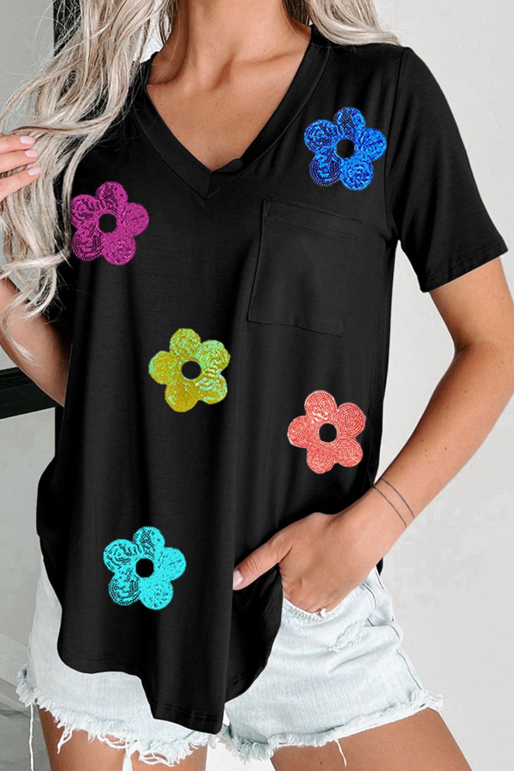 Sequin Flower V-Neck Short Sleeve T-Shirt-Angel Casuals
