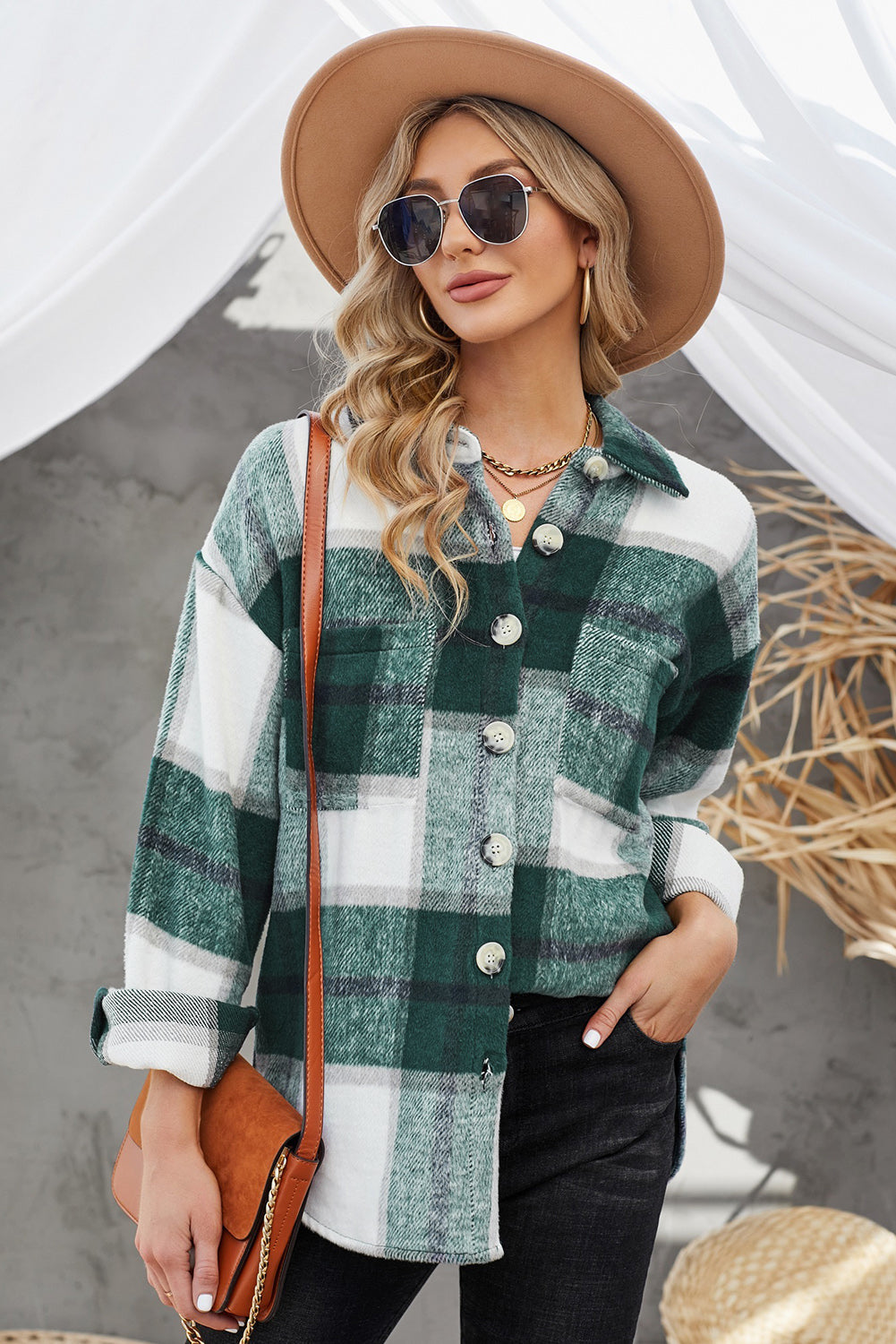 Plaid Button Up Dropped Shoulder Jacket-Angel Casuals