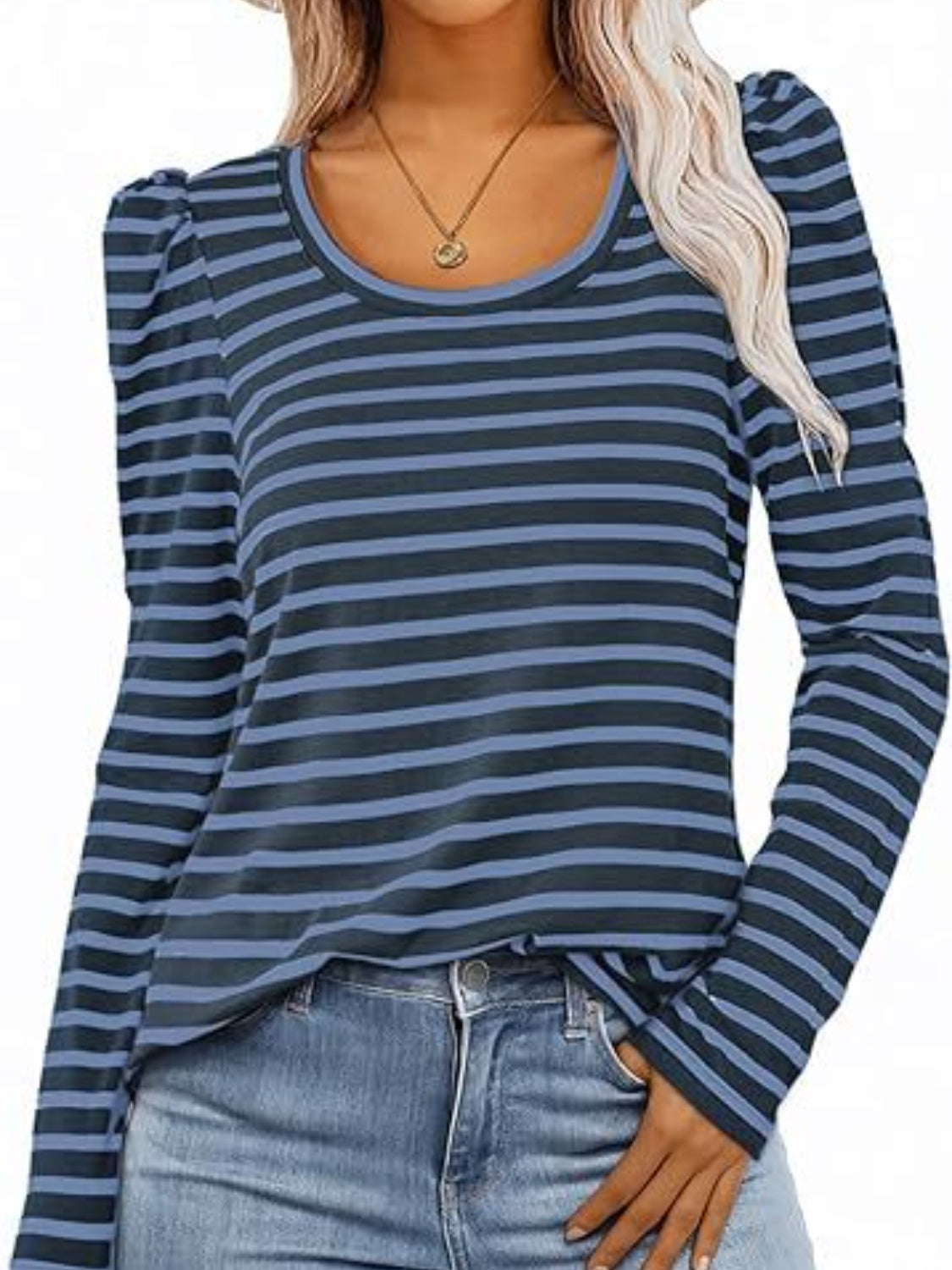 Striped Round Neck Long Sleeve T-Shirt-Angel Casuals