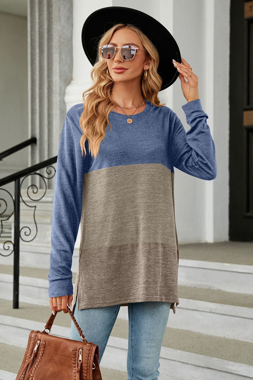 Color Block Round Neck Long Sleeve Slit T-Shirt-Angel Casuals