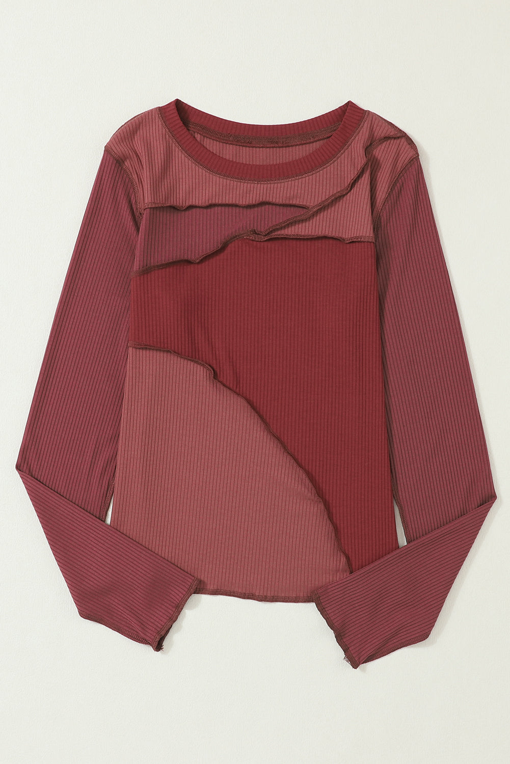 Exposed Seam Contrast Round Neck Long Sleeve T-Shirt-Angel Casuals