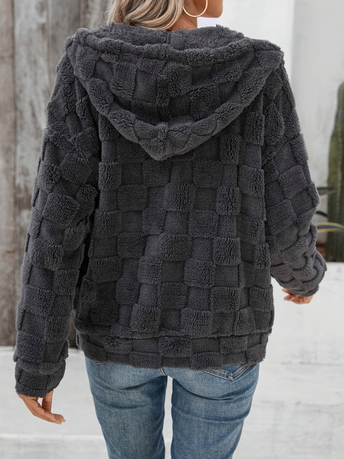 Checkered Texture Zip Up Drawstring Fuzzy Jacket-Angel Casuals