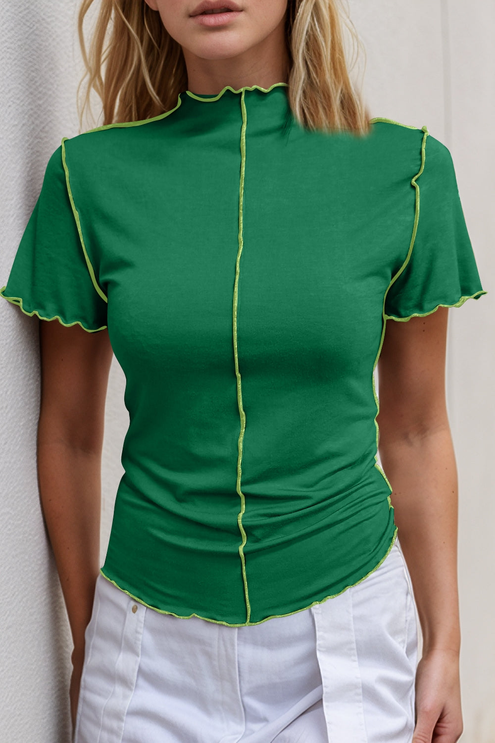 Basic Bae Contrast Trim Mock Neck Short Sleeve T-Shirt-Angel Casuals