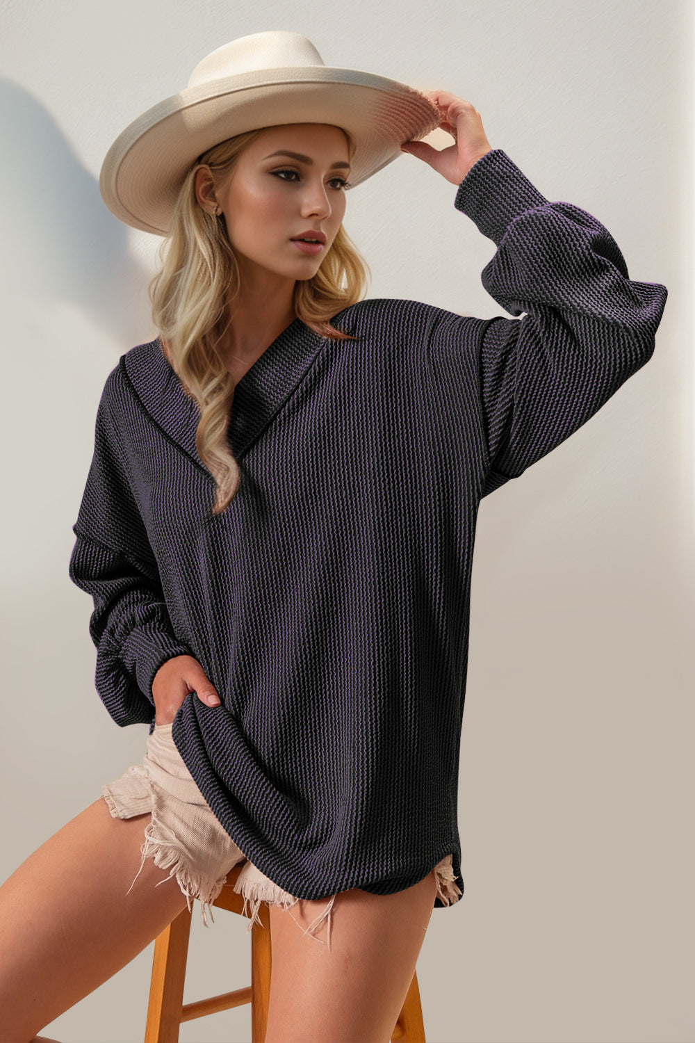 Double Take Exposed Seam Ribbed Textured V-Neck Long Sleeve T-Shirt-Angel Casuals
