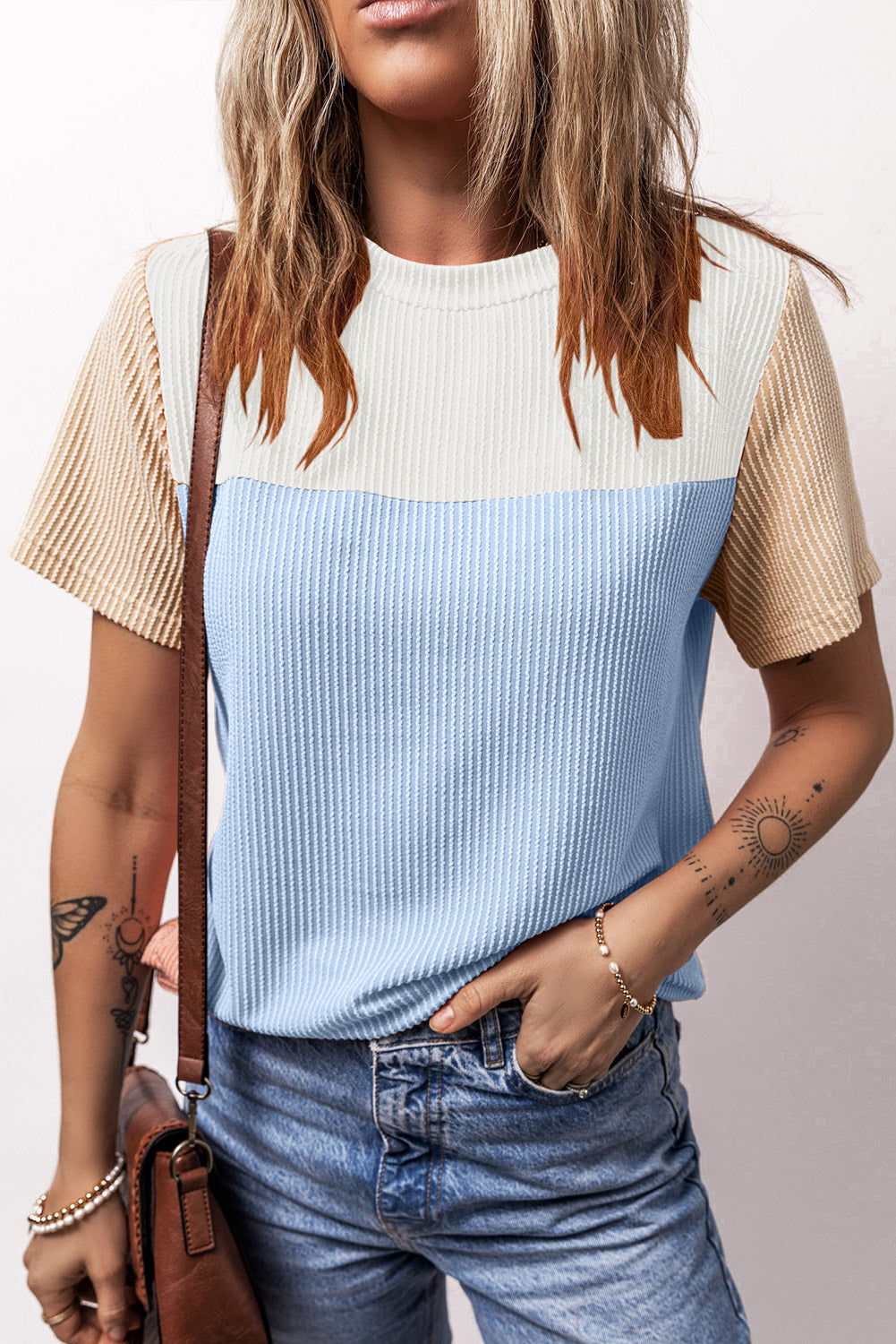 Color Block Round Neck Short Sleeve T-Shirt-Angel Casuals