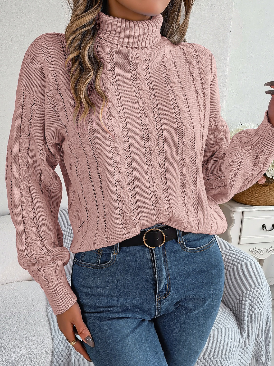 Cable-Knit Turtleneck Dropped Shoulder Sweater-Angel Casuals