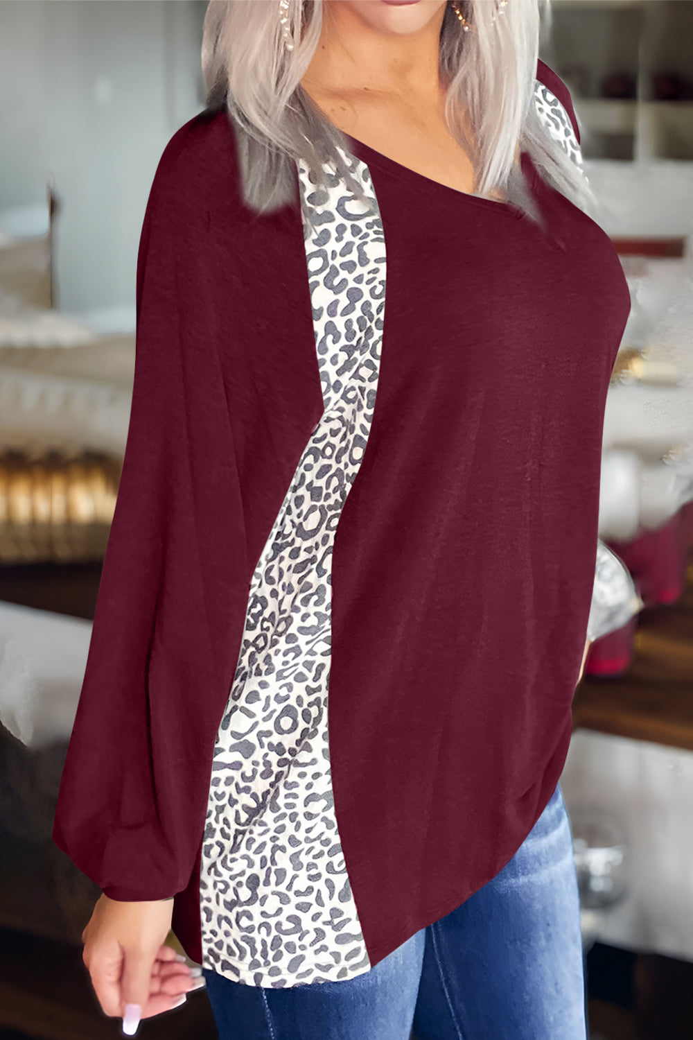 Full Size Leopard V-Neck Long Sleeve T-Shirt-Angel Casuals