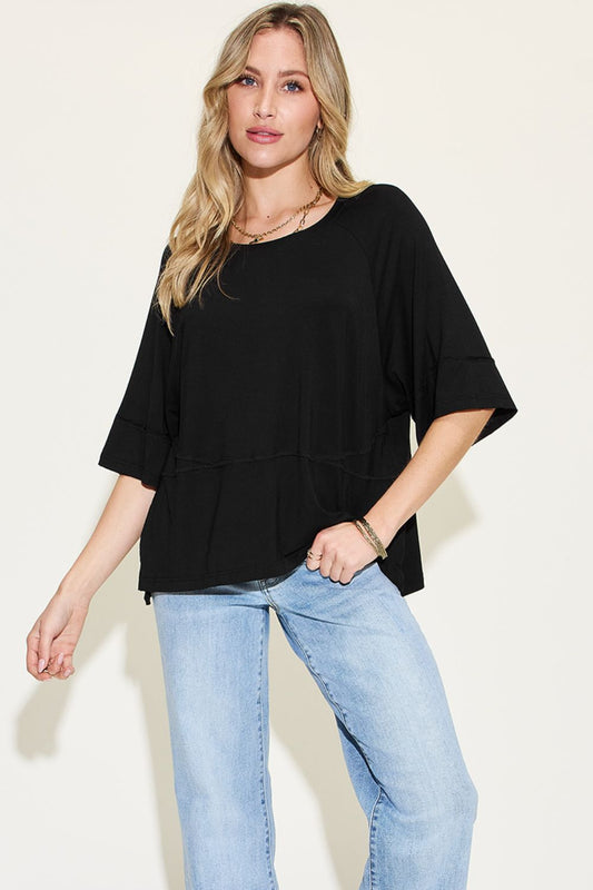 Basic Bae Full Size Bamboo Round Neck Exposed Seam T-Shirt-Angel Casuals