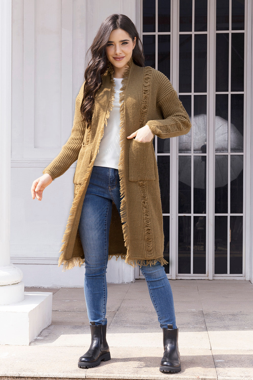Fringe Trim Open Front Cardigan with Pockets-Angel Casuals