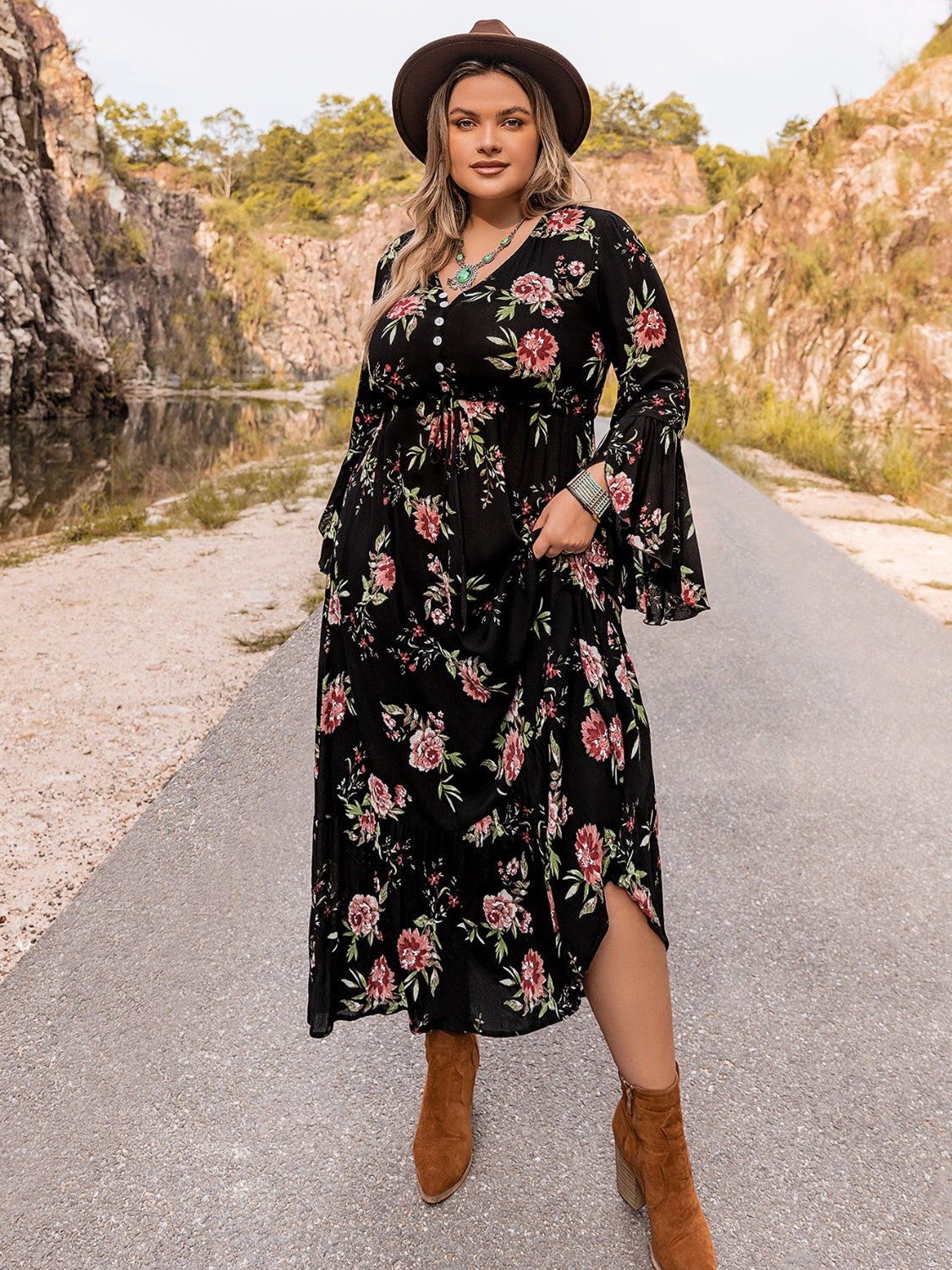Plus Size Floral Flare Sleeve Dress-Angel Casuals
