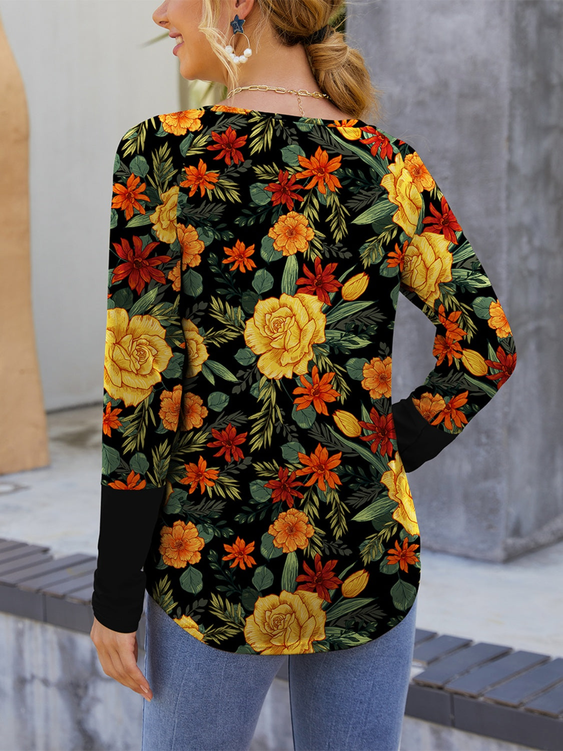 FAM-FAM Printed Round Neck Long Sleeve T-Shirt-Angel Casuals