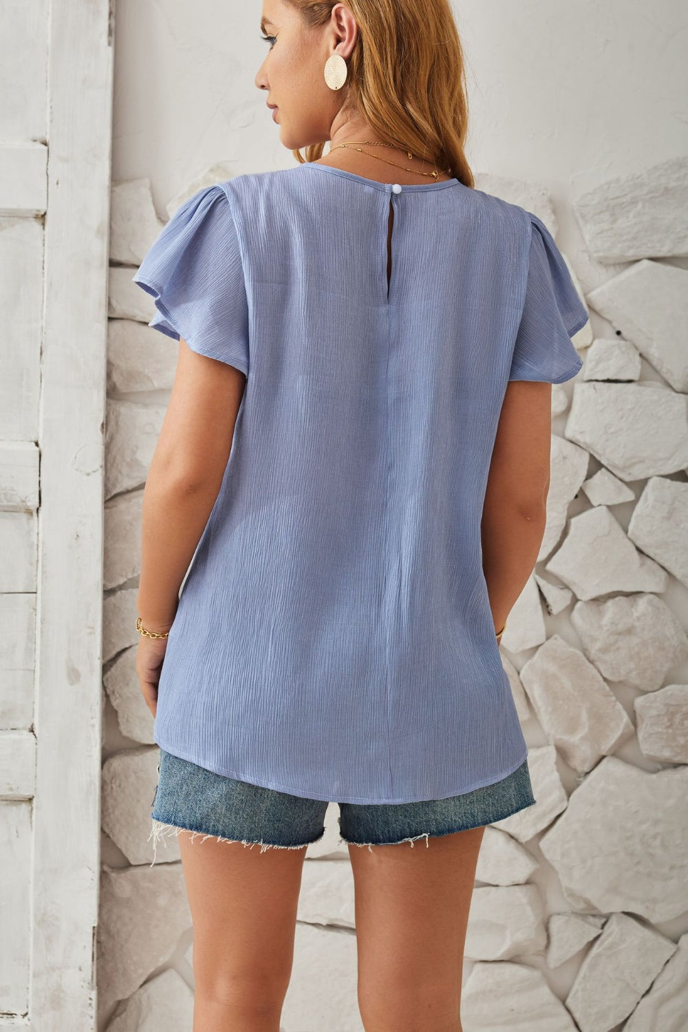 Round Neck Keyhole Cap Sleeve T-Shirt-Angel Casuals