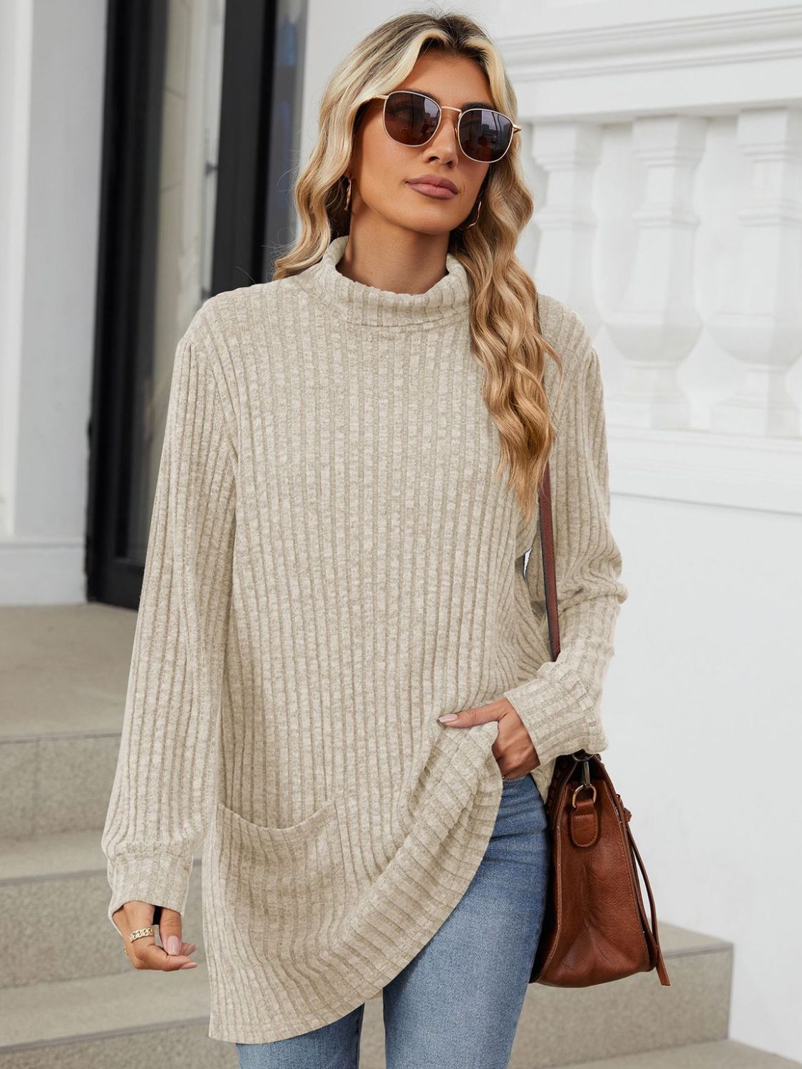 Ribbed Mock Neck Long Sleeve T-Shirt-Angel Casuals