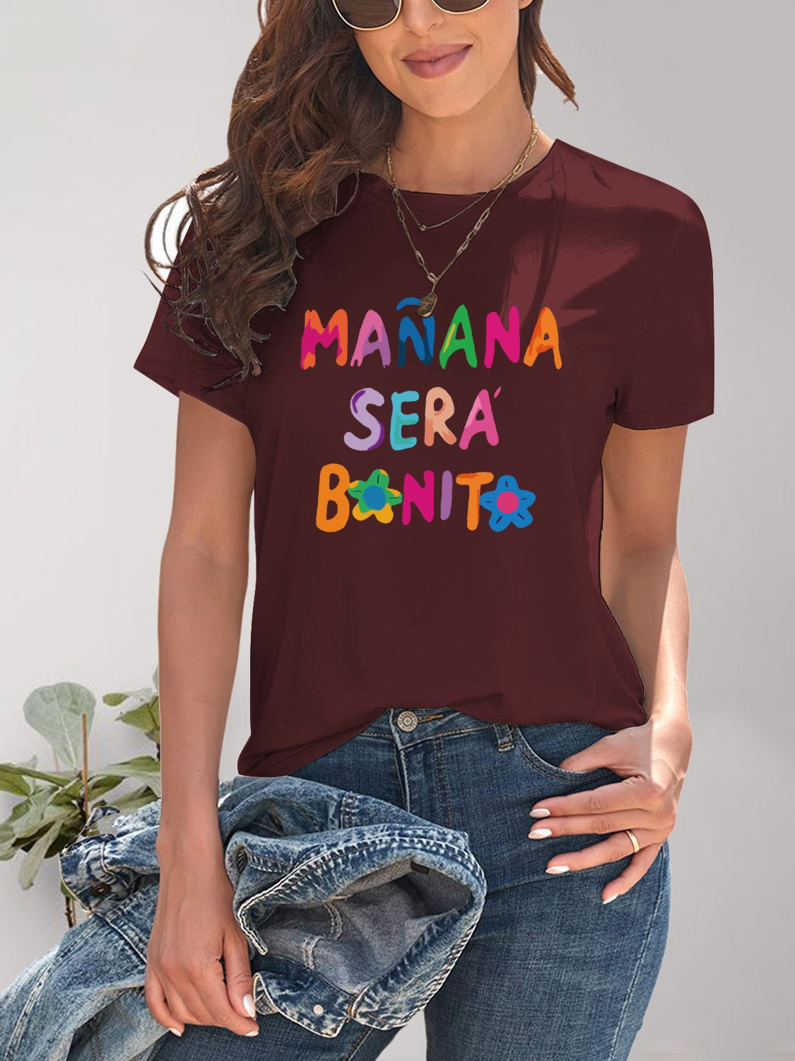 Letter Graphic Round Neck Short Sleeve T-Shirt-Angel Casuals