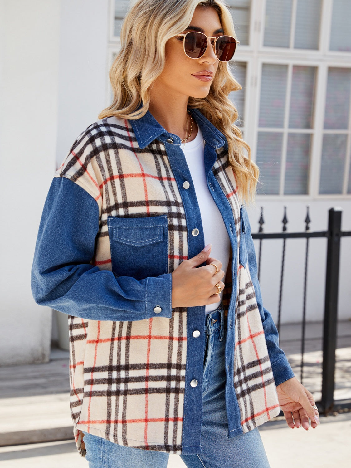 Plaid Long Sleeve Denim Jacket-Angel Casuals