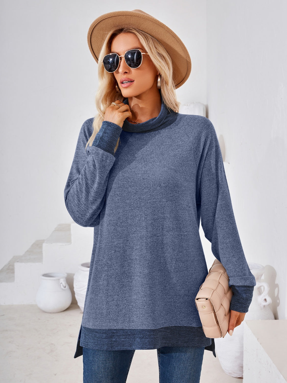 Contrast Mock Neck Long Sleeve T-Shirt-Angel Casuals