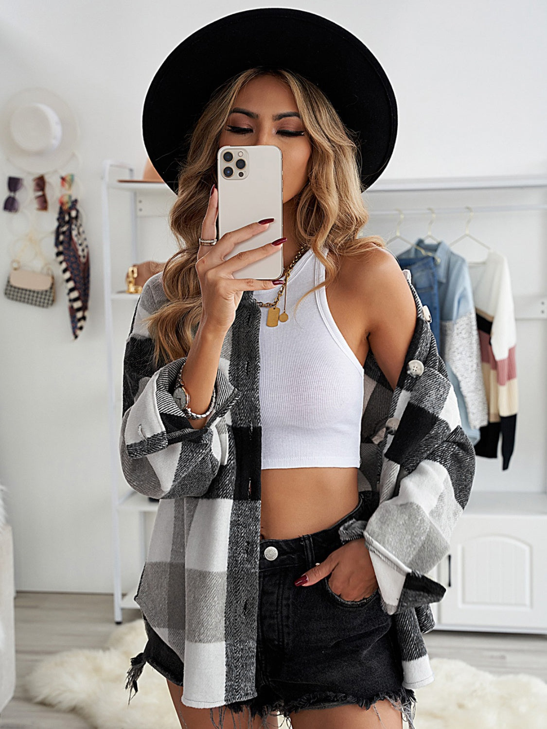 Plaid Button Up Dropped Shoulder Jacket-Angel Casuals