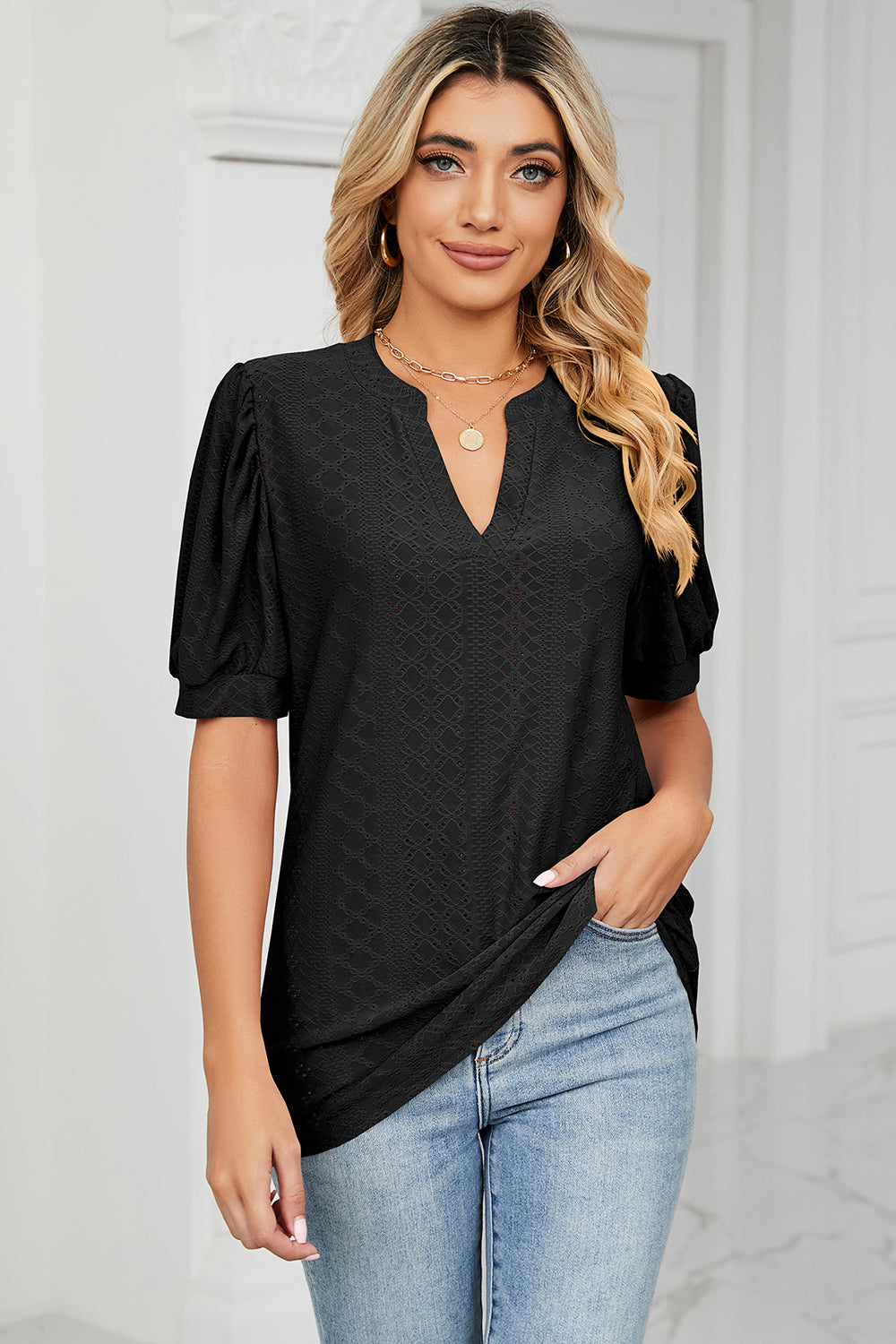 Eyelet Notched Short Sleeve T-Shirt-Angel Casuals