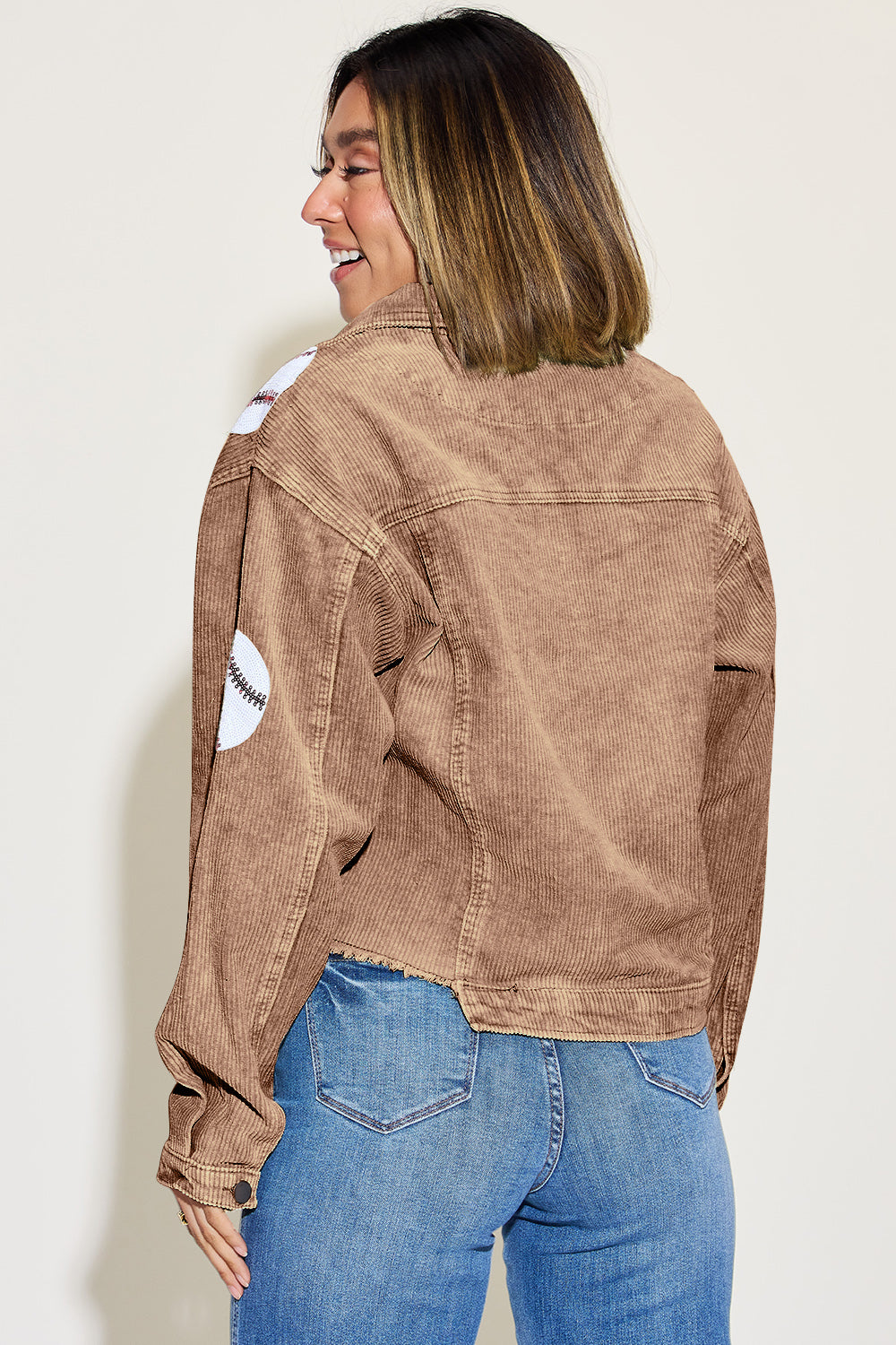Baseball Sequin Dropped Shoulder Raw Hem Jacket-Angel Casuals