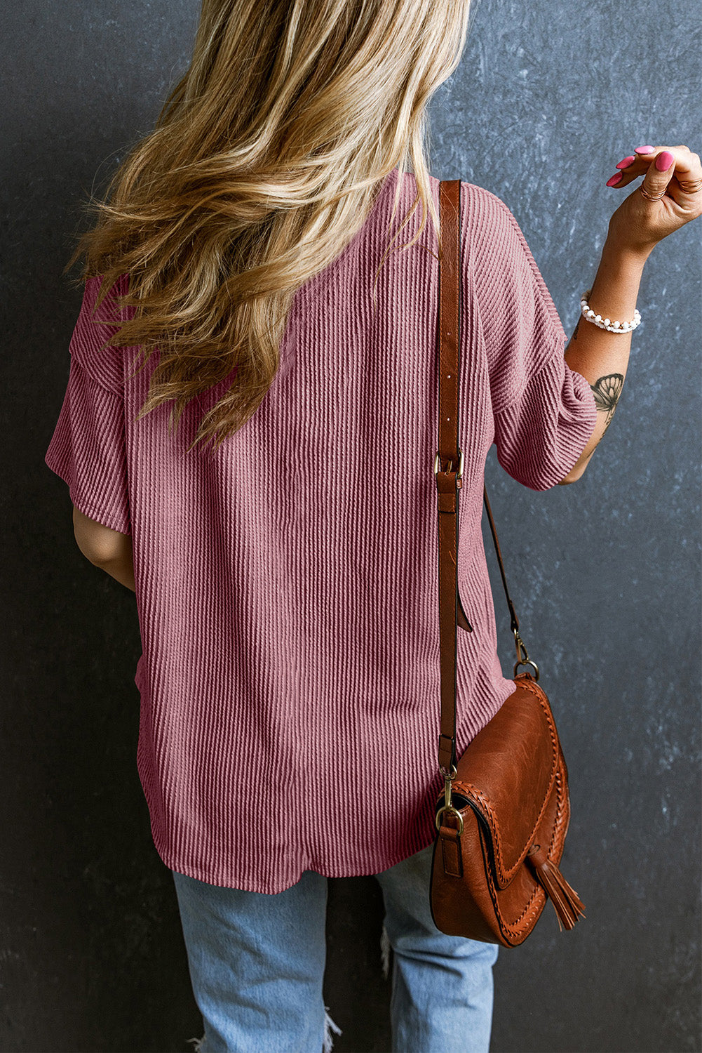 Textured V-Neck Dropped Shoulder T-Shirt-Angel Casuals