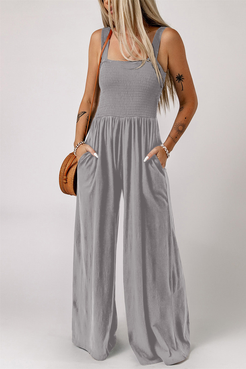 Smocked Square Neck Wide Leg Jumpsuit with Pockets-Angel Casuals