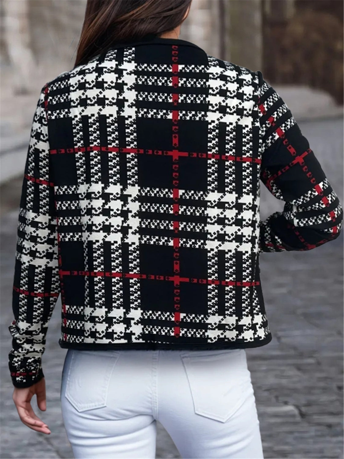 Plaid Open Front Long Sleeve Jacket-Angel Casuals