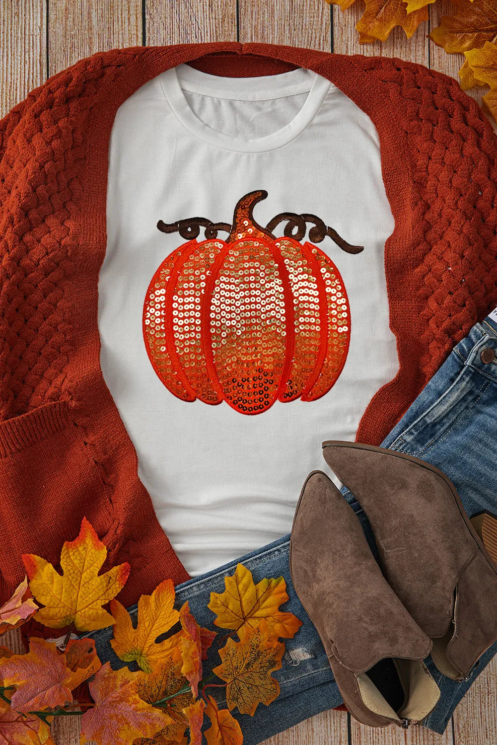Full Size Sequin Pumpkin Round Neck Short Sleeve T-Shirt-Angel Casuals