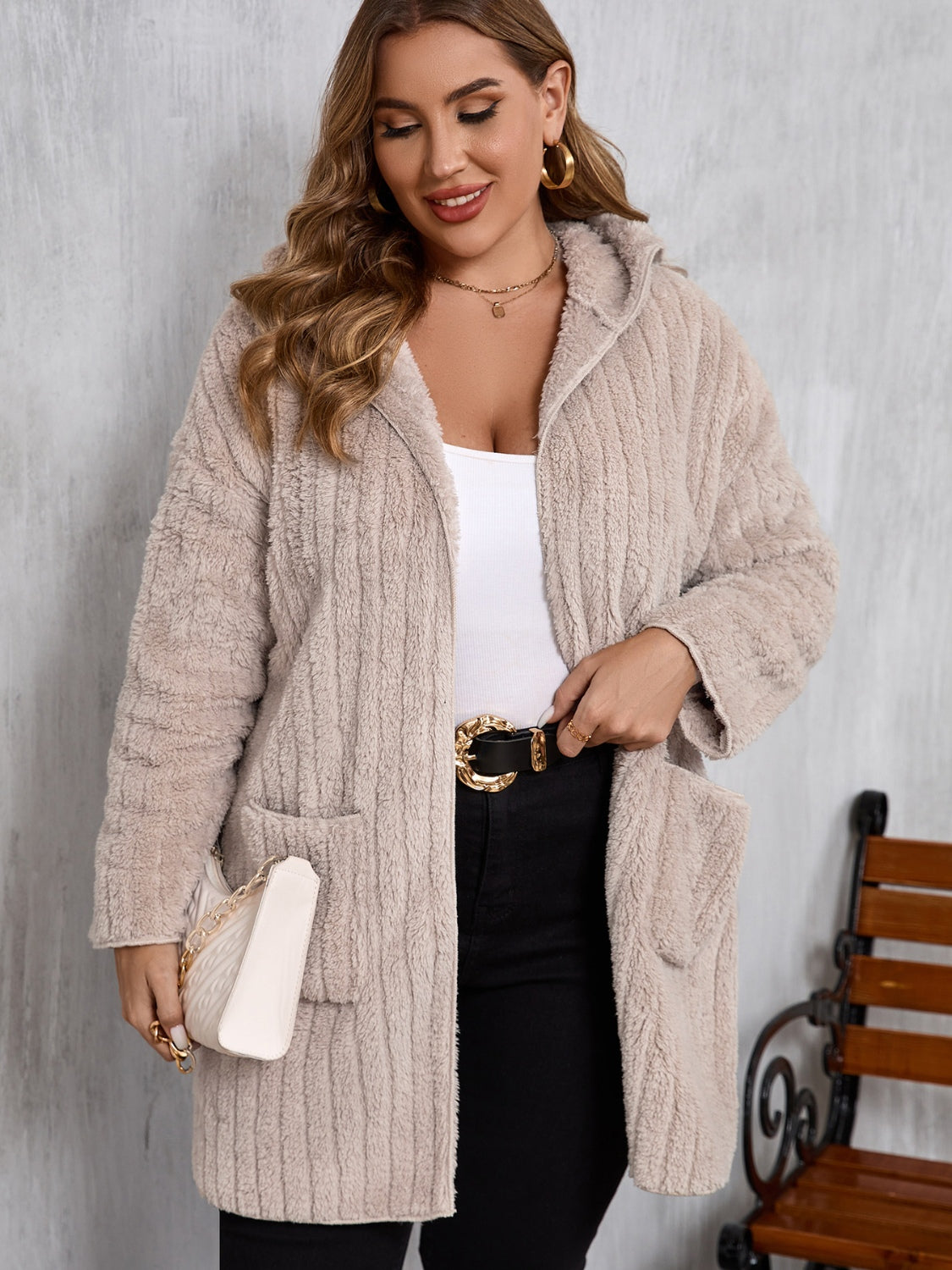Plus Size Open Front Long Sleeve Hooded Fuzzy Jacket-Angel Casuals