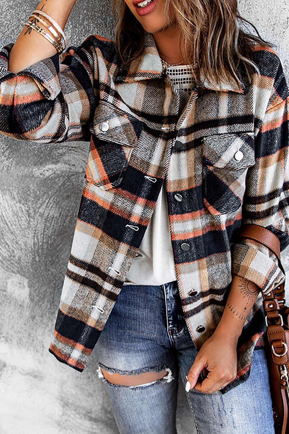 Double Take Plaid Button Front Shirt Jacket with Breast Pockets-Angel Casuals