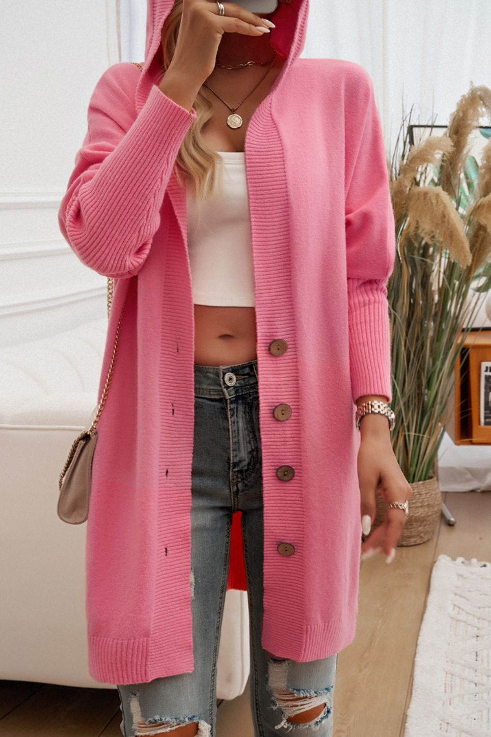 Devine Button Up Long Sleeve Hooded Cardigan-Angel Casuals