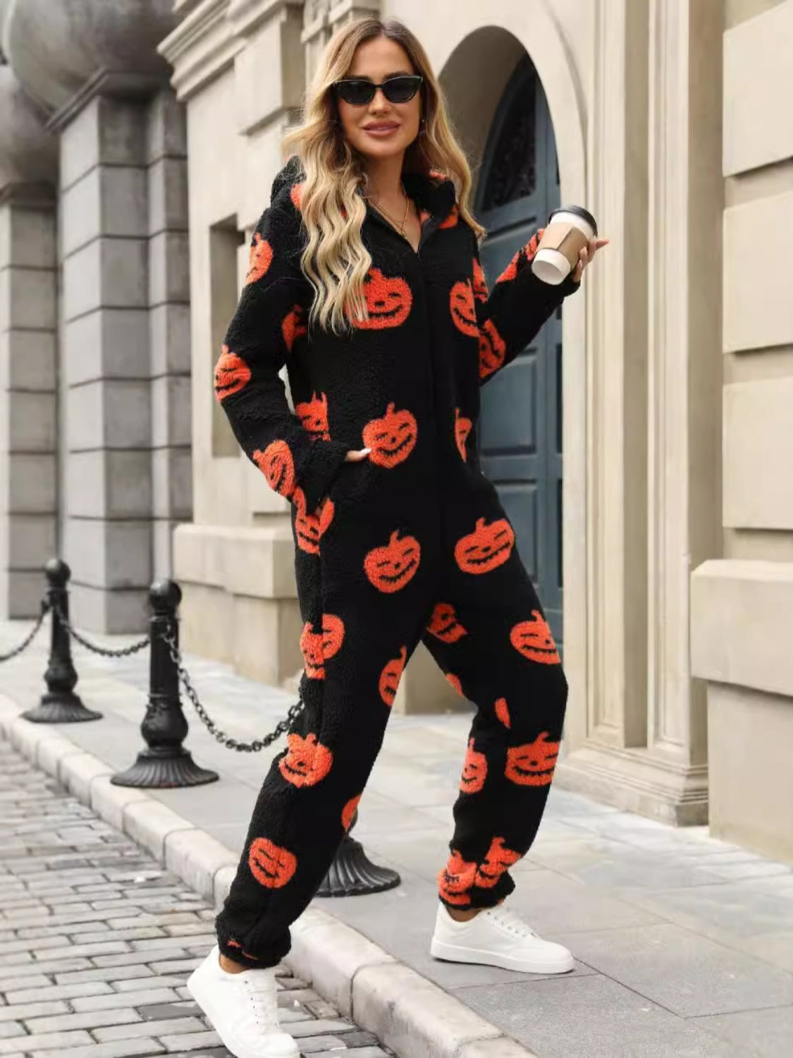 Fuzzy Pumpkin Half Zip Hooded Jumpsuit-Angel Casuals