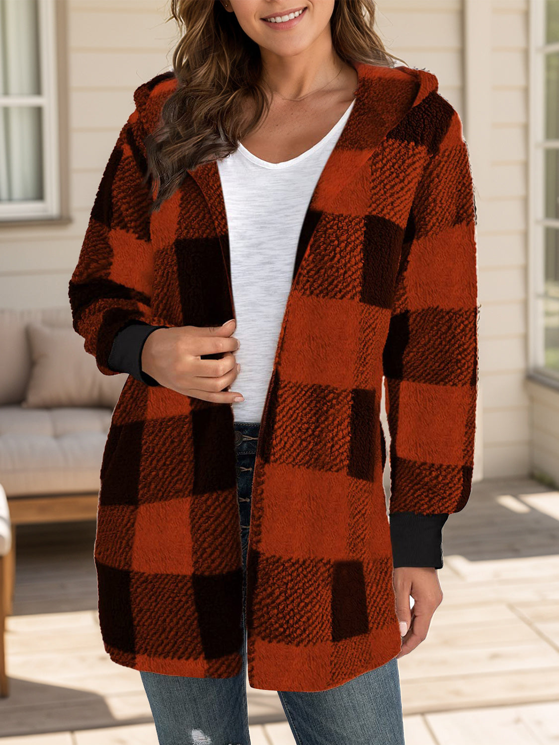 Plaid Long Sleeve Hooded Coat-Angel Casuals