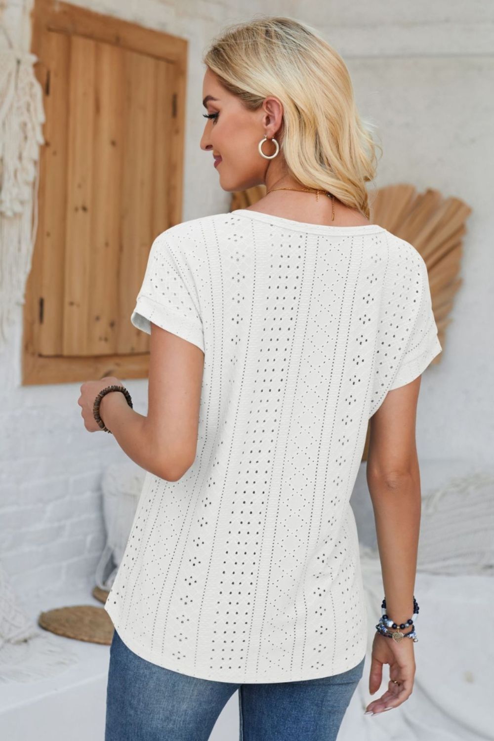 Eyelet Round Neck Rolled Short Sleeve T-Shirt-Angel Casuals