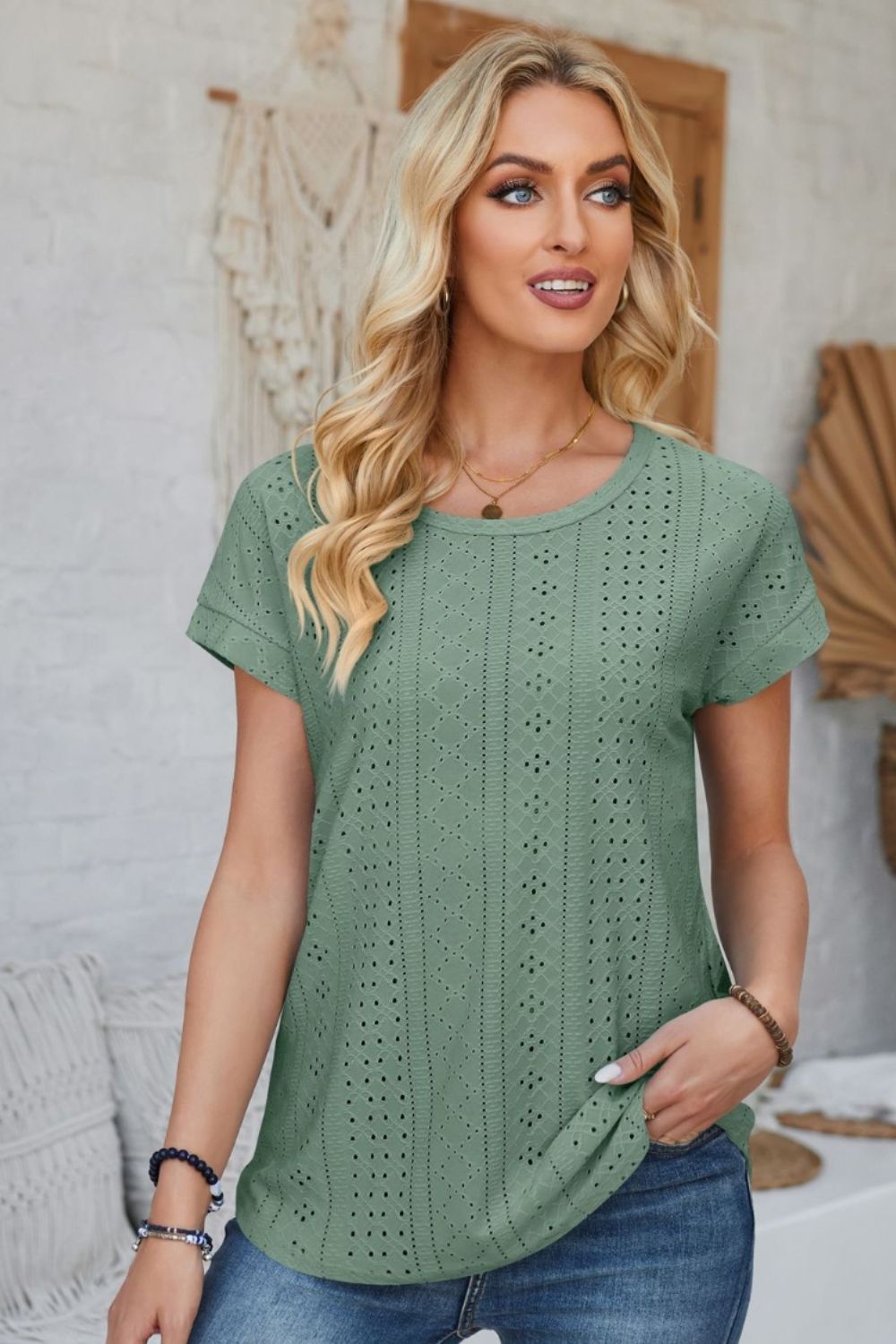 Eyelet Round Neck Rolled Short Sleeve T-Shirt-Angel Casuals