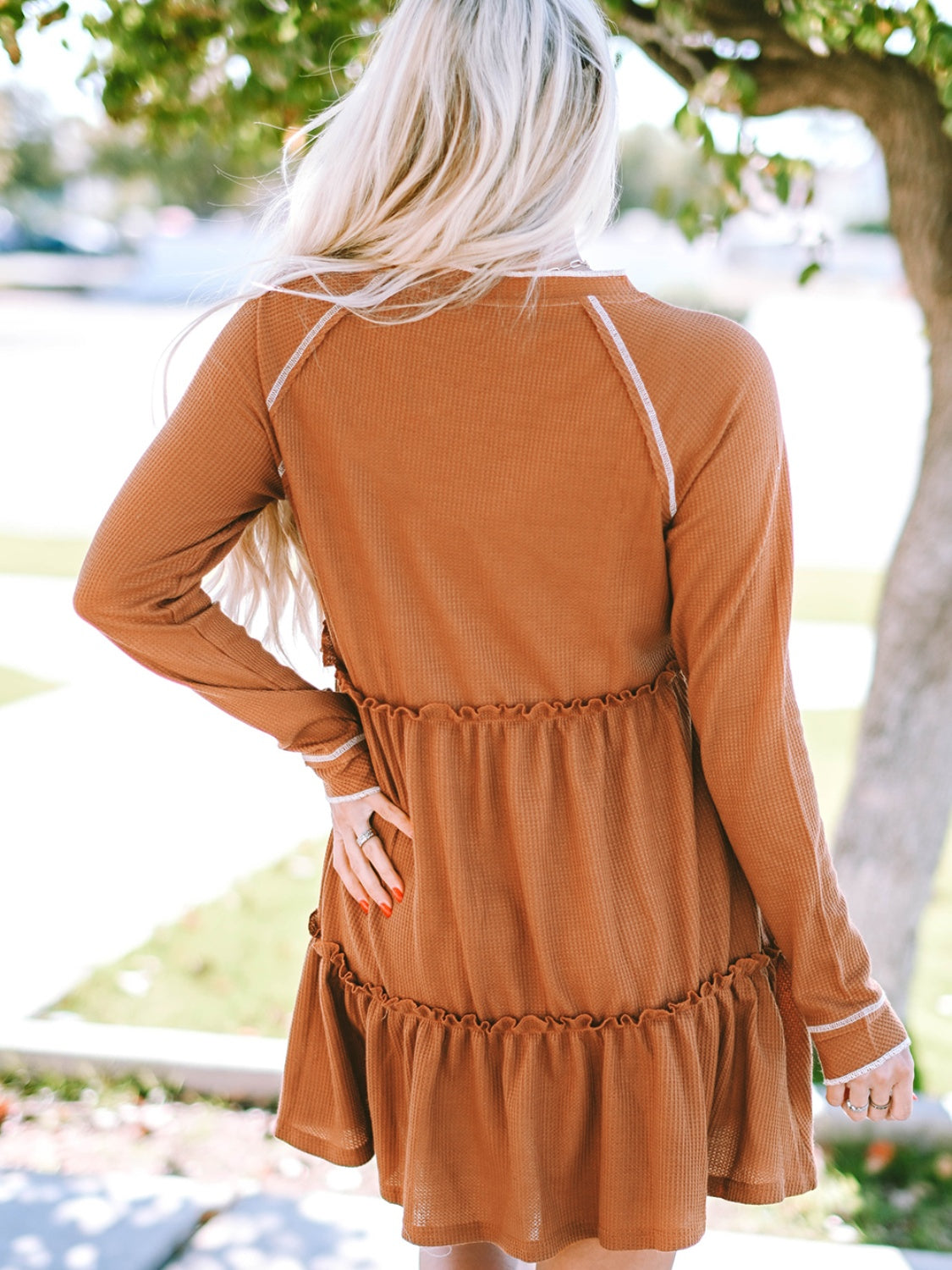 Waffle-Knit Frill Mini Tiered Dress-Angel Casuals