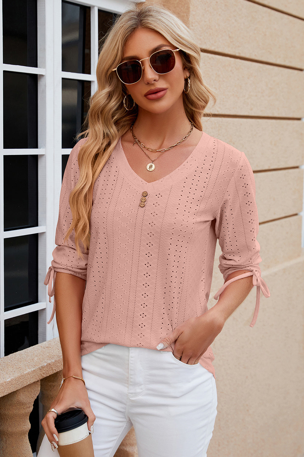 Eyelet Drawstring V-Neck Half Sleeve T-Shirt-Angel Casuals