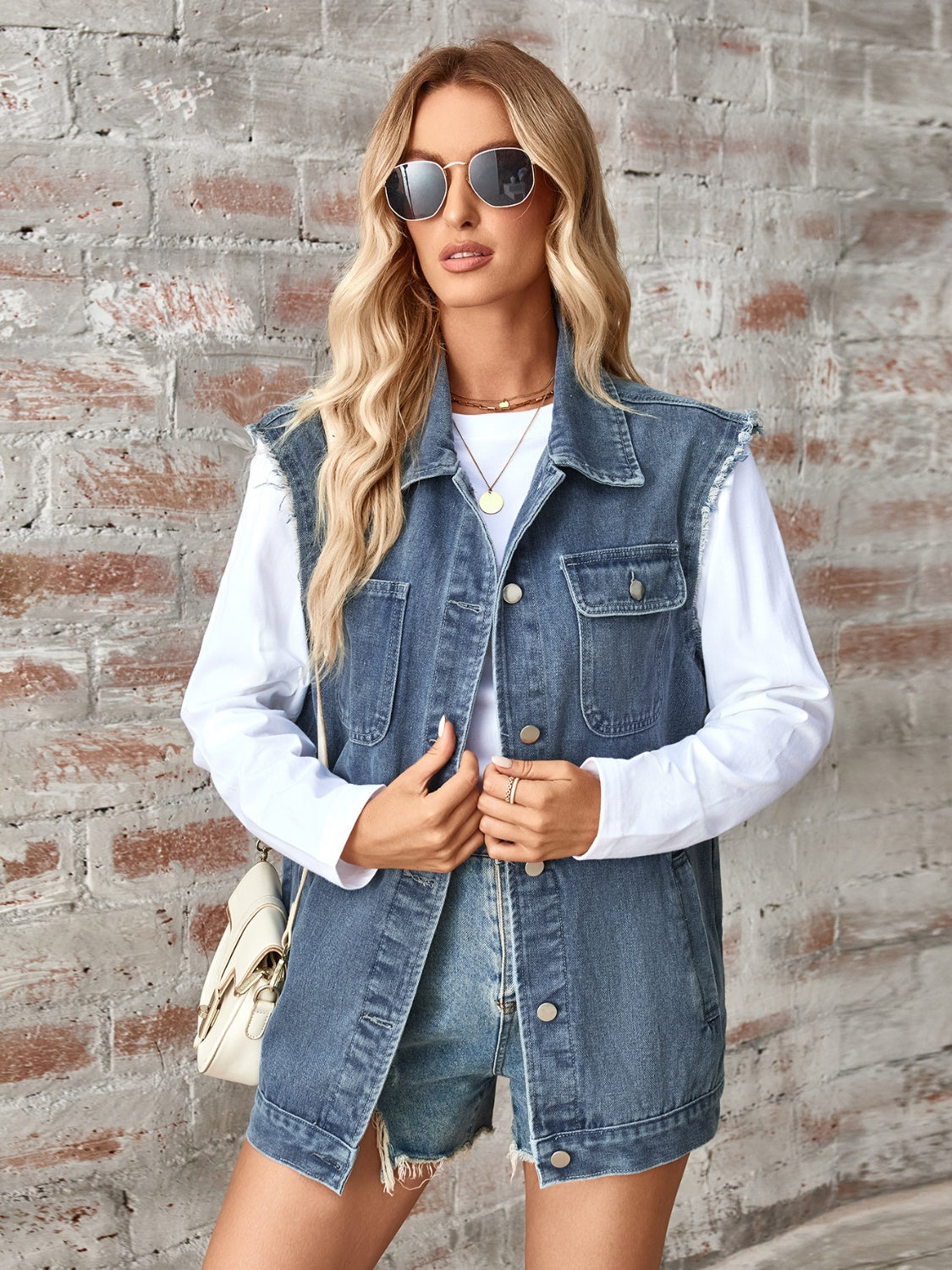 Raw Hem Sleeveless Button Up Denim Jacket-Angel Casuals