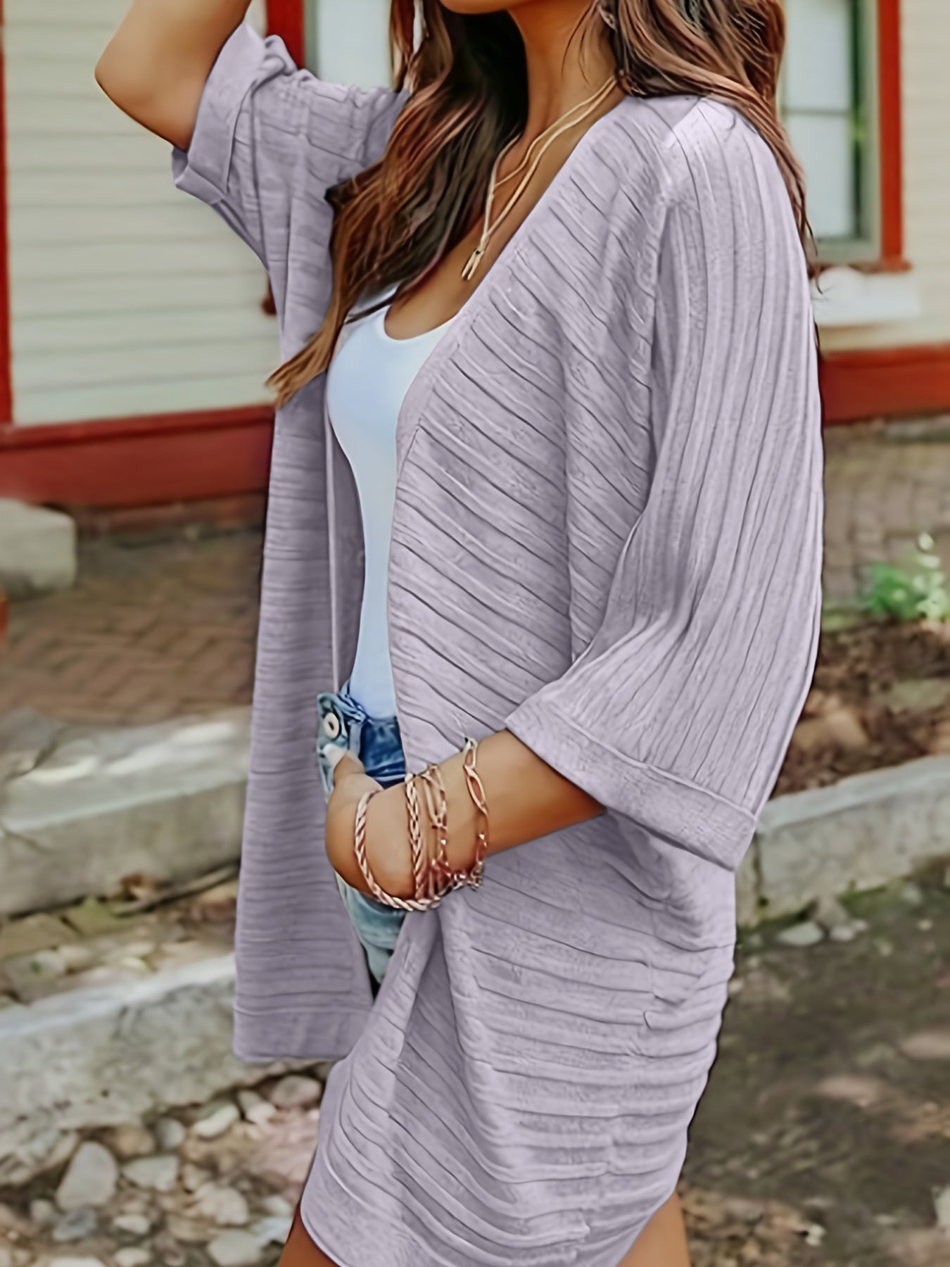 Striped Open Front Knit Cardigan-Angel Casuals